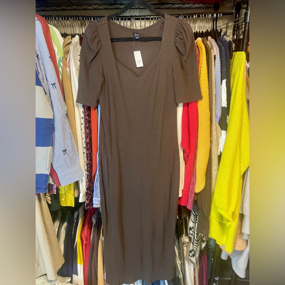 Tall Gap Puff Sleeve Sweetheart Midi Dress | Brown Noir | Size M Tall | NWT - Picture 2 of 8